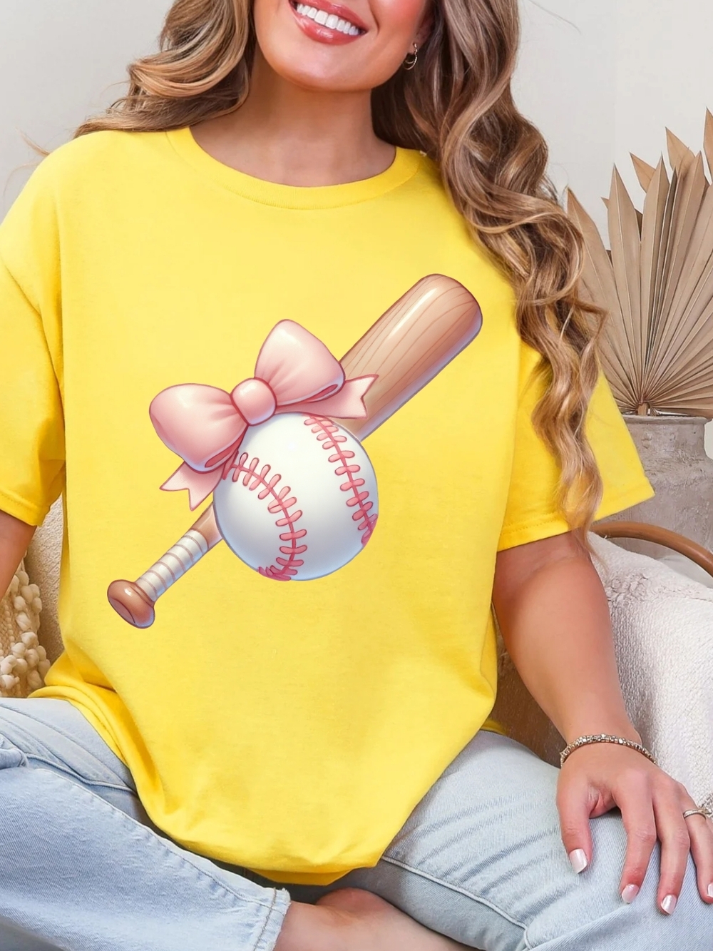 Gildan Bright Yellow Tee with Baseball and Pink Bow Graphic